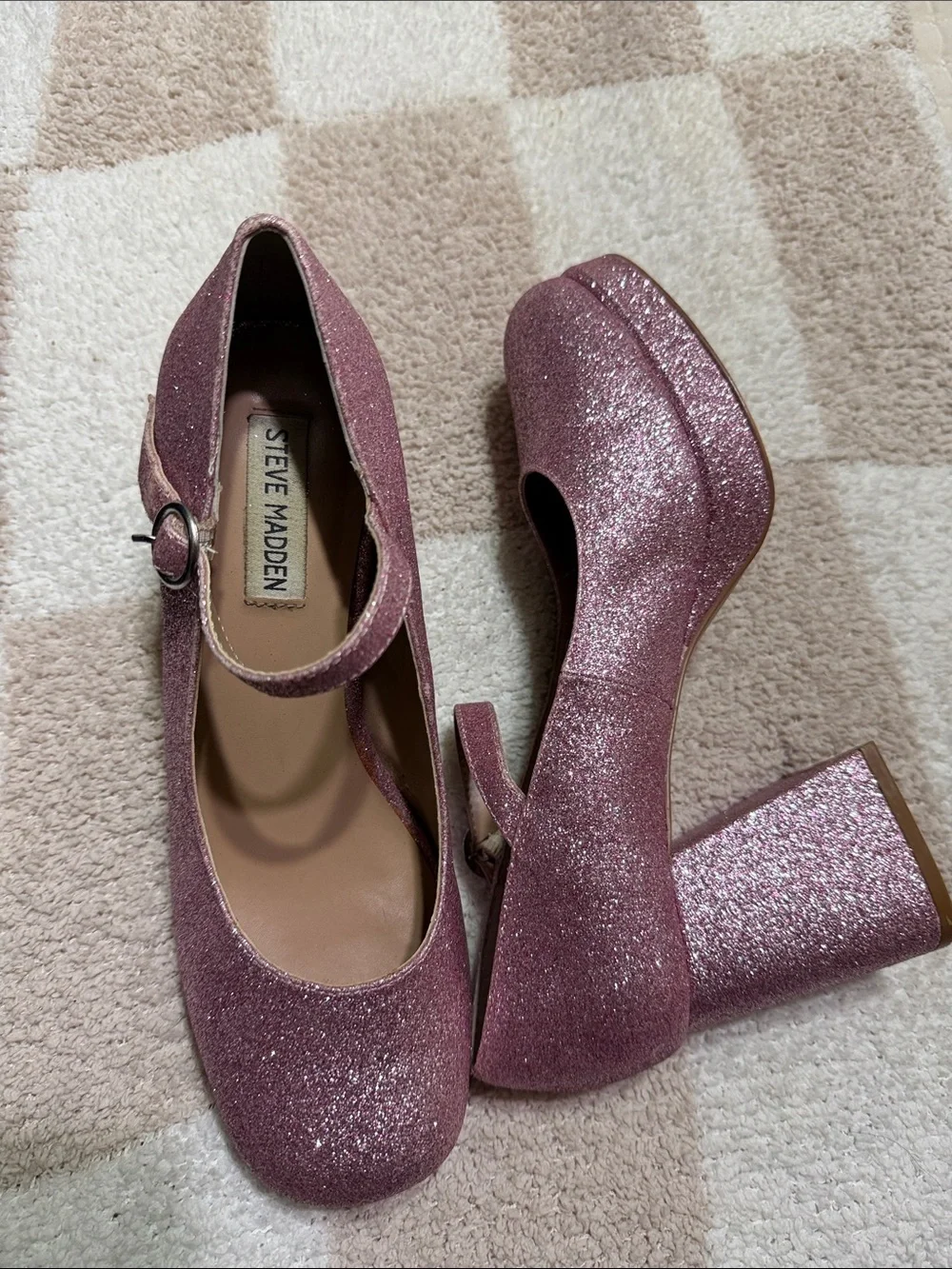 Steve Madden Glitter Platform Mary Jane Heels in Rose Pink